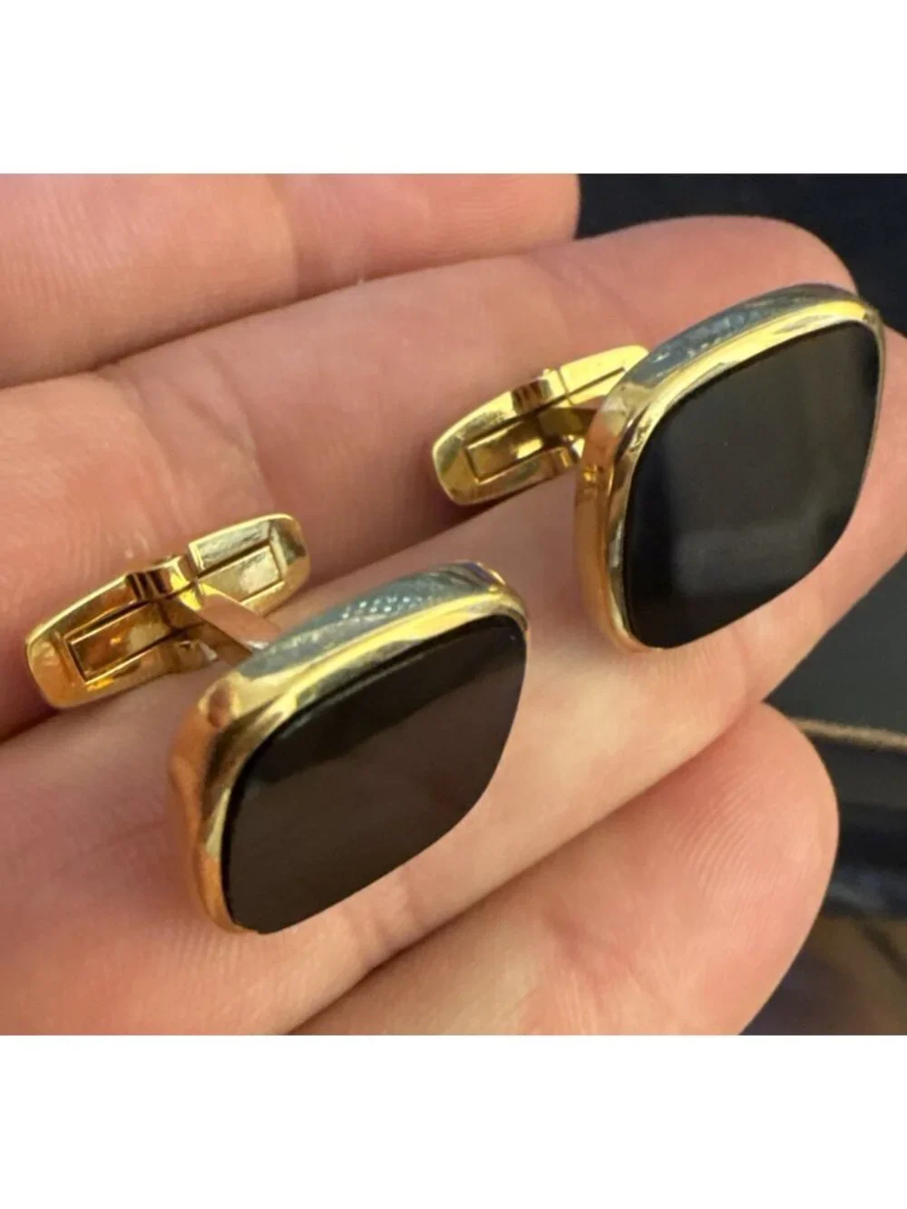 Vintage Japanese Ginsei Silver Black Onyx Cufflinks Gold Wash Stamped